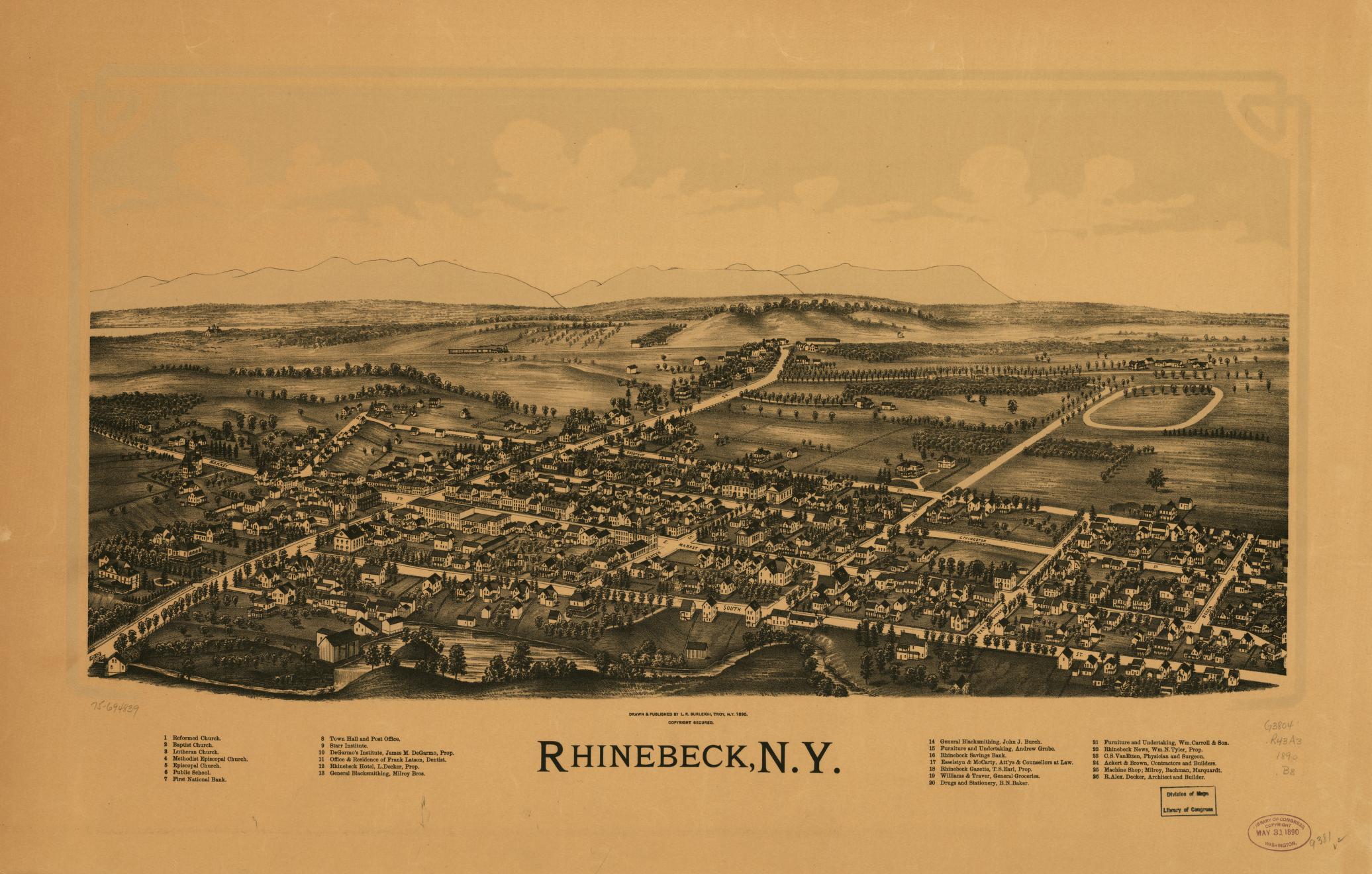 Bird's-eye map of Rhinebeck published in 1890